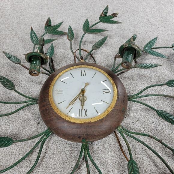 Vintage Wall Clock Light 29" Gold Green Brass Mid Century Leaf Vine Metal Tested - Picture 9 of 16